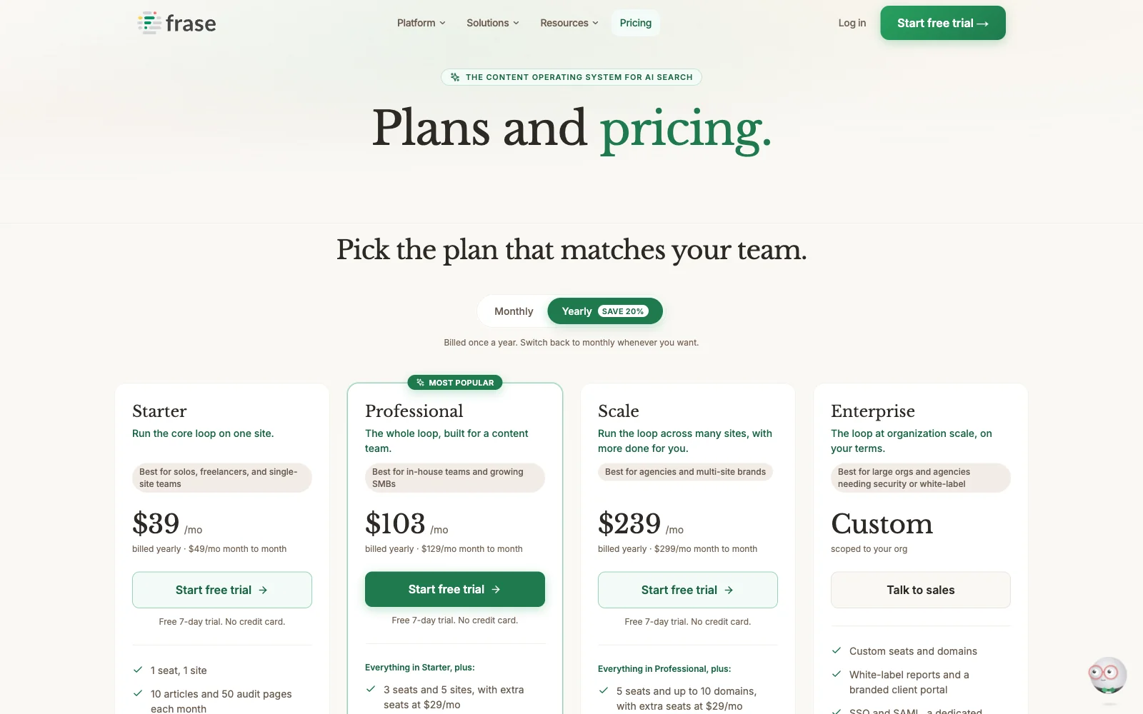 Frase pricing page on yearly billing with Starter at $39 a month, Professional and Scale