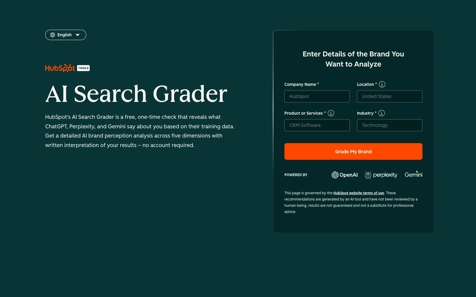 HubSpot AI Search Grader page with the free check and the HubSpot AEO offer