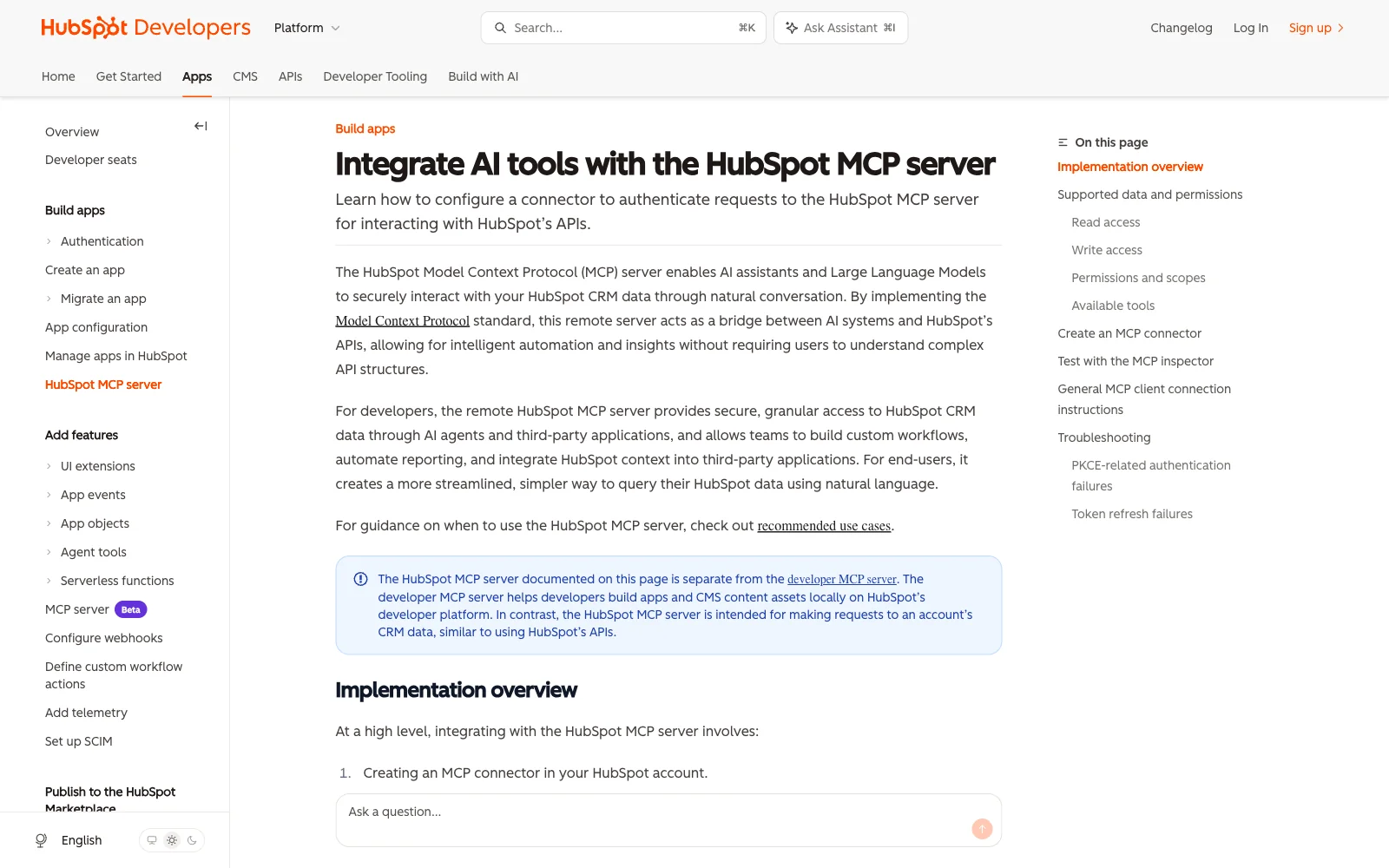 HubSpot MCP server documentation page