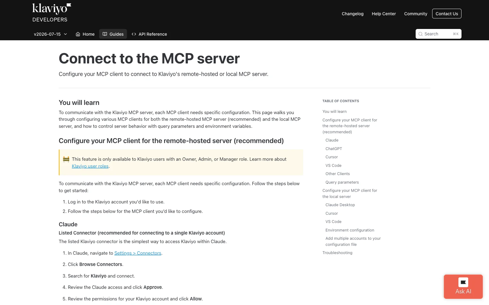 Klaviyo MCP server documentation page