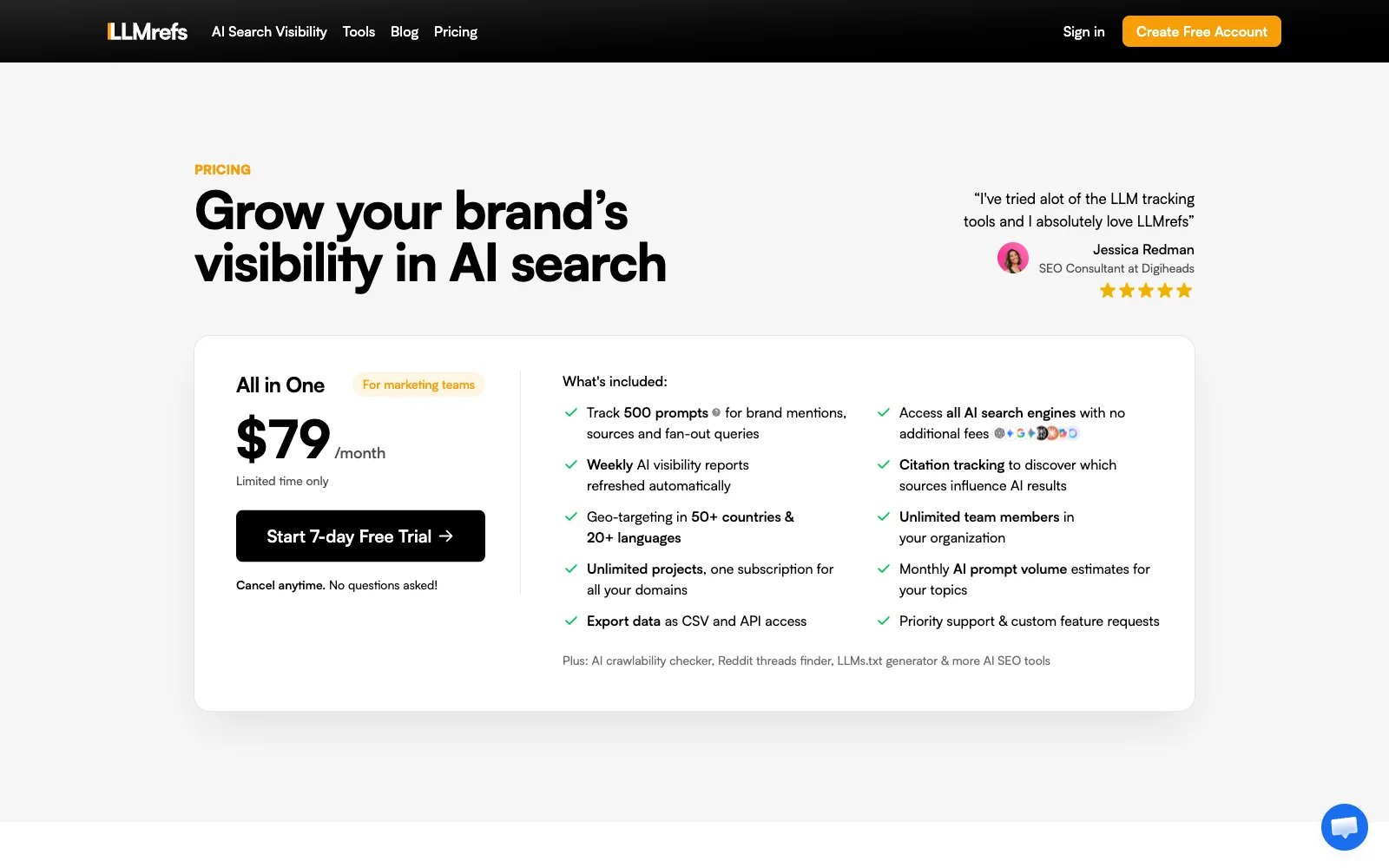 LLMrefs pricing page as captured on 2026-10-04, listing its plans and monthly prices