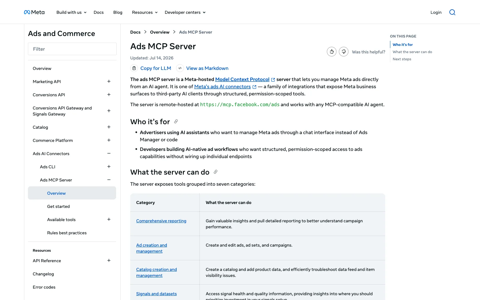 Meta Ads MCP server documentation page