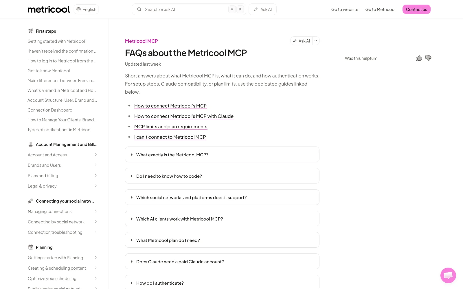 Metricool MCP server documentation page