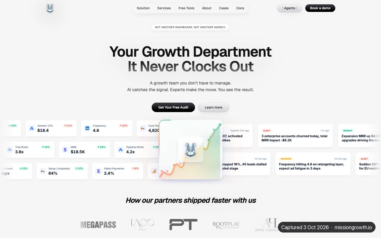 Mission Growth homepage with its AI-led SEO and GEO growth service