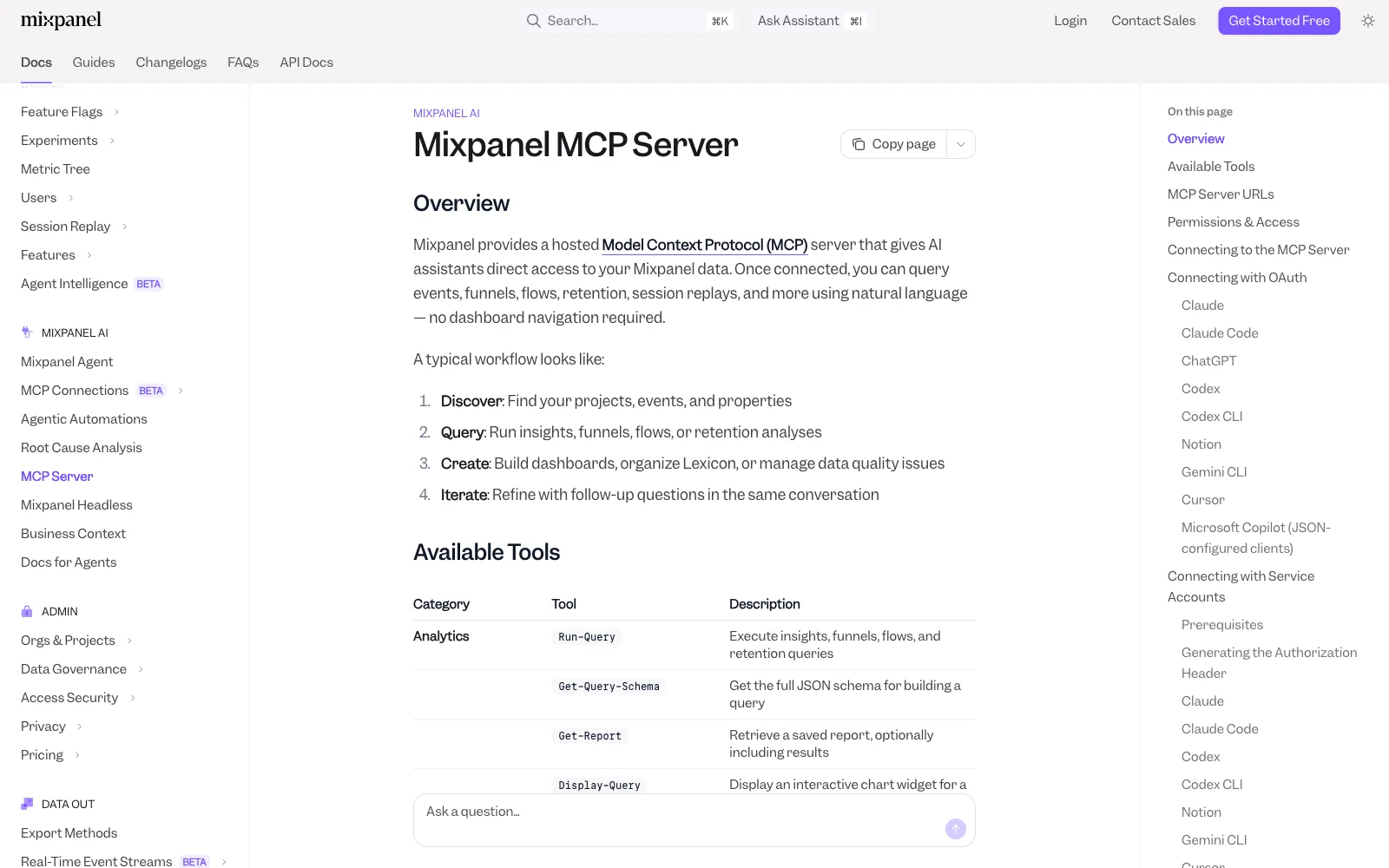 Mixpanel MCP server documentation page
