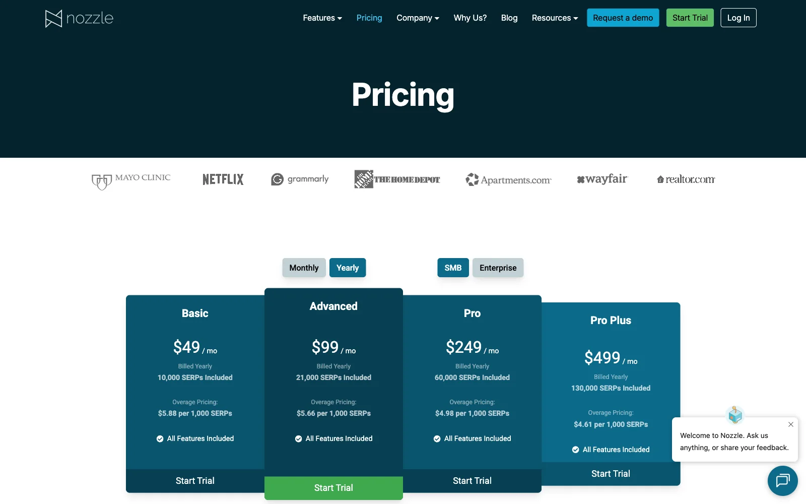 Nozzle pricing page explaining usage billing where one SERP is the top 5 pages for each unique search