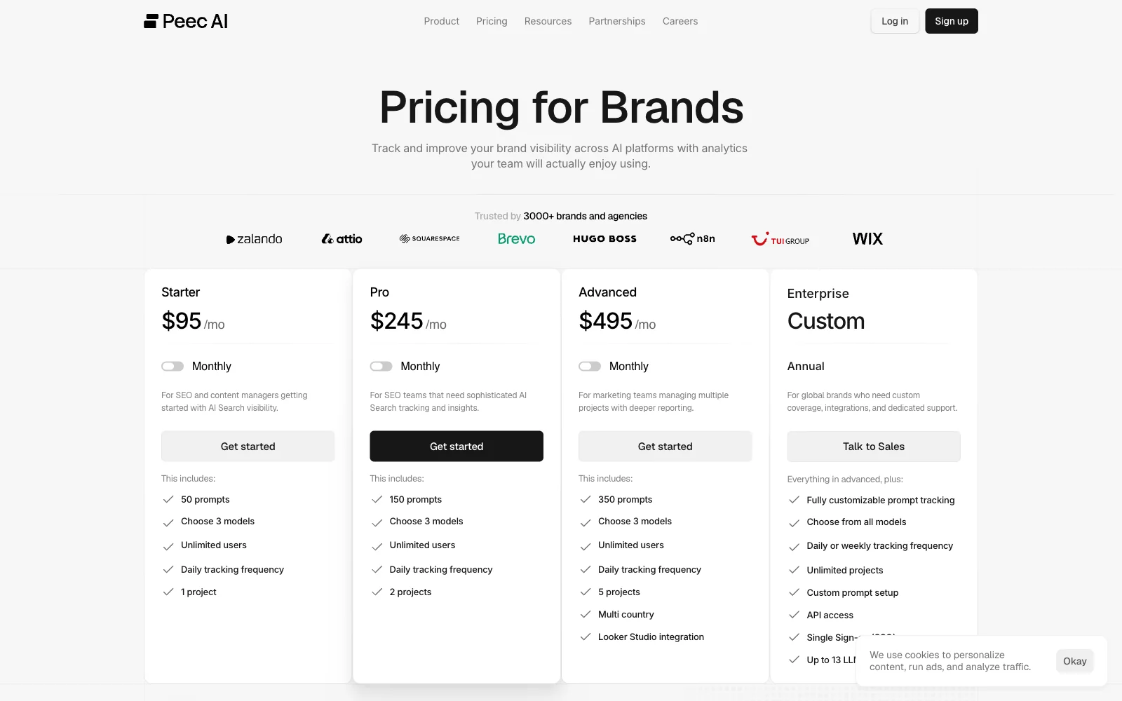 Peec AI pricing page with the Starter, Pro and Advanced plans
