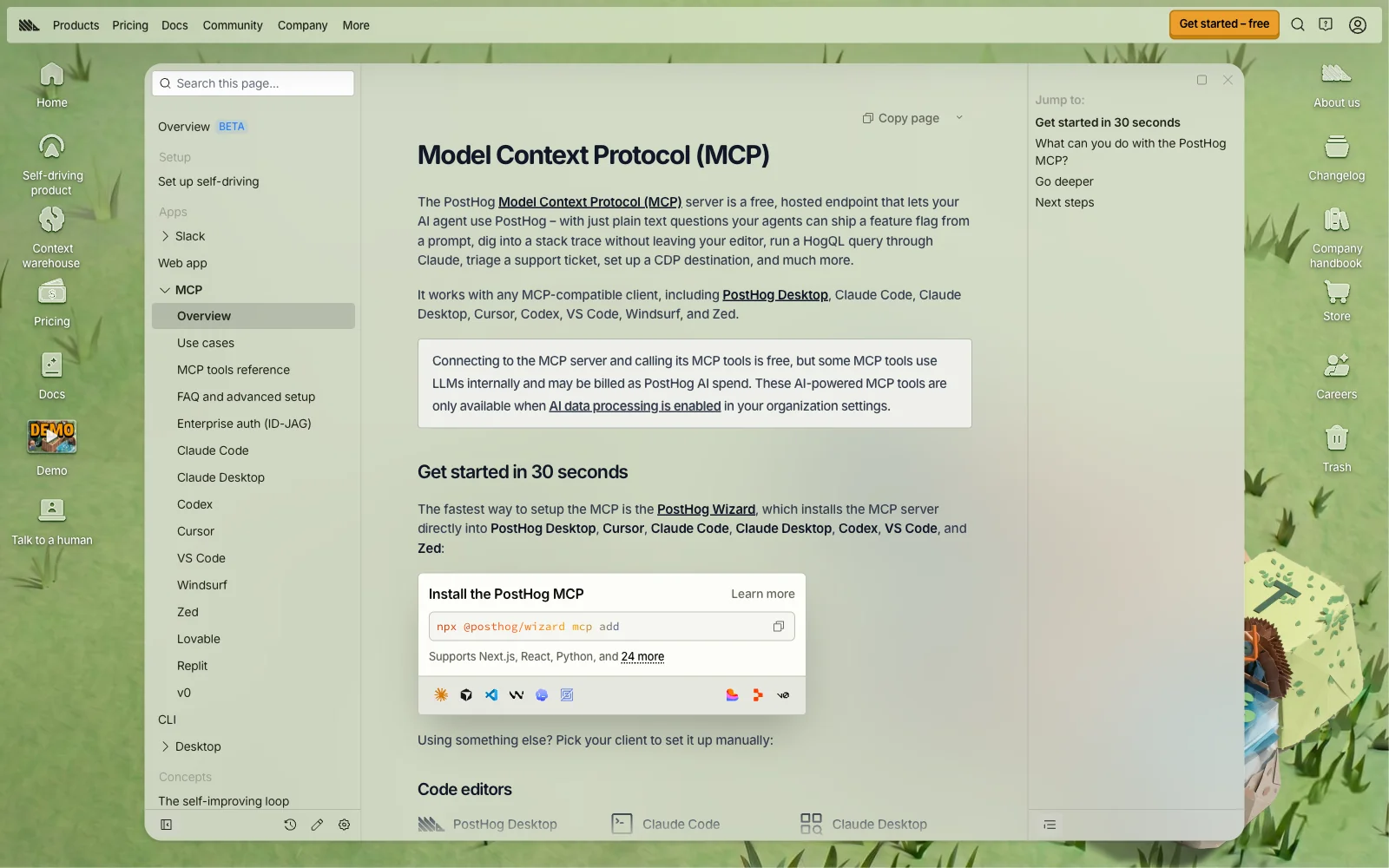 PostHog MCP server documentation page