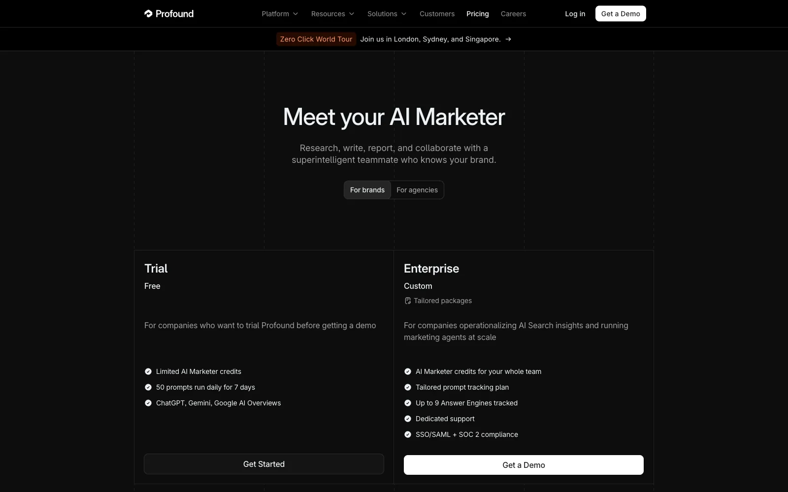 Profound pricing page with the free Trial and the Enterprise plan