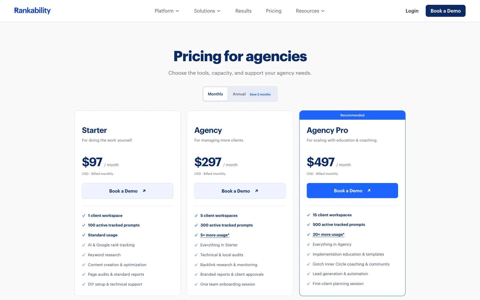 Rankability pricing page as captured on 2026-10-04, listing its plans and monthly prices