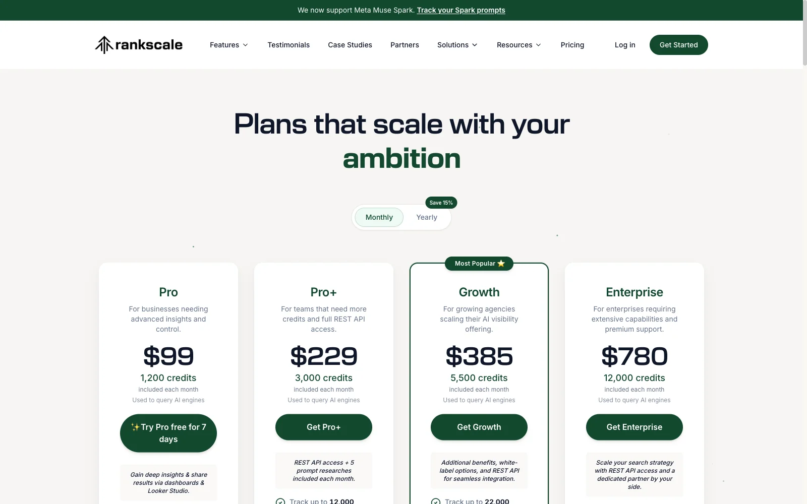 Rankscale AI pricing page as captured on 2026-10-04, listing its plans and monthly prices