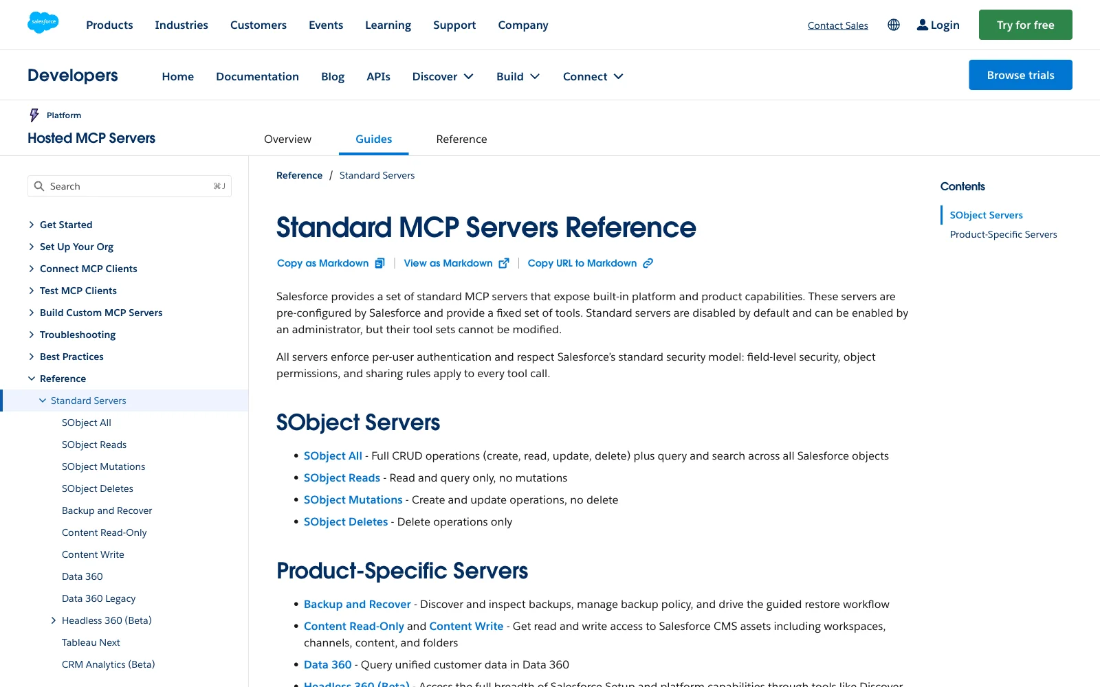 Salesforce hosted MCP servers server documentation page