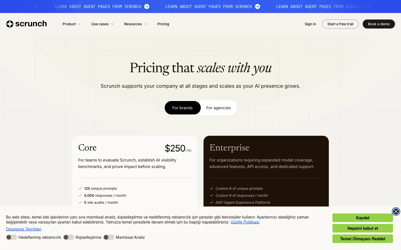 Scrunch AI pricing page with the Core plan and Enterprise tier