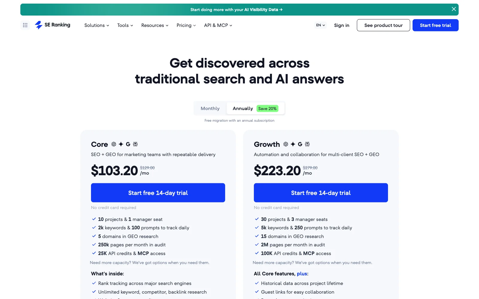SE Ranking pricing page as captured on 2026-10-04, listing its plans and monthly prices