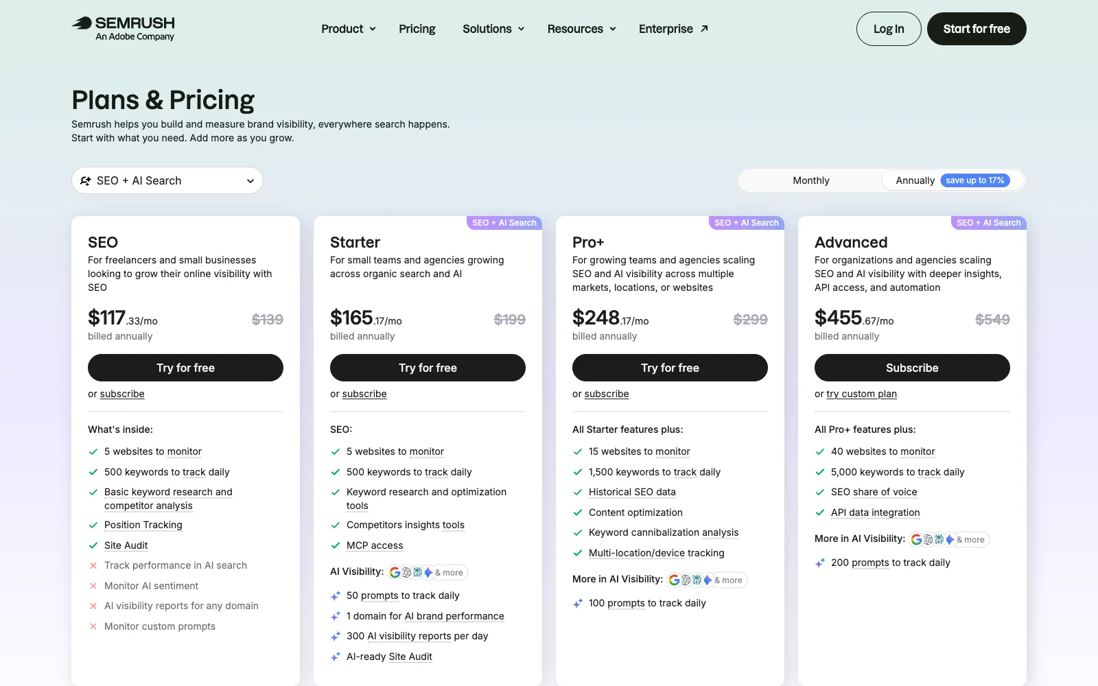 Semrush SEO + AI Search pricing page with the Starter, Pro+ and Advanced plans