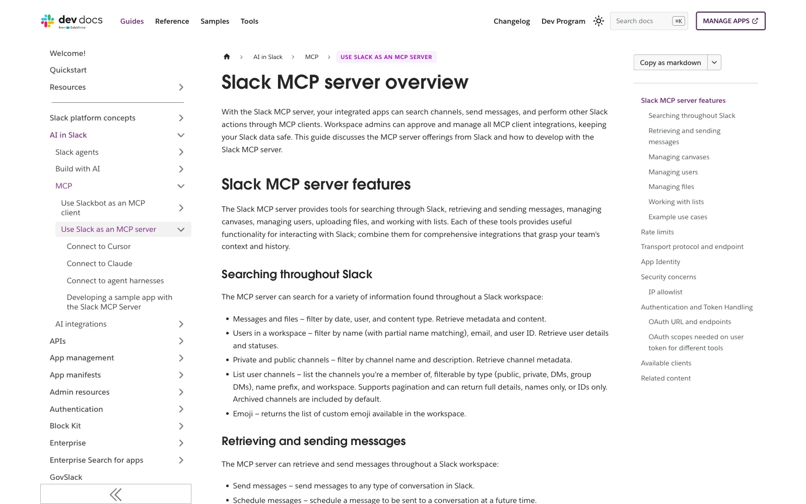 Slack MCP server documentation page