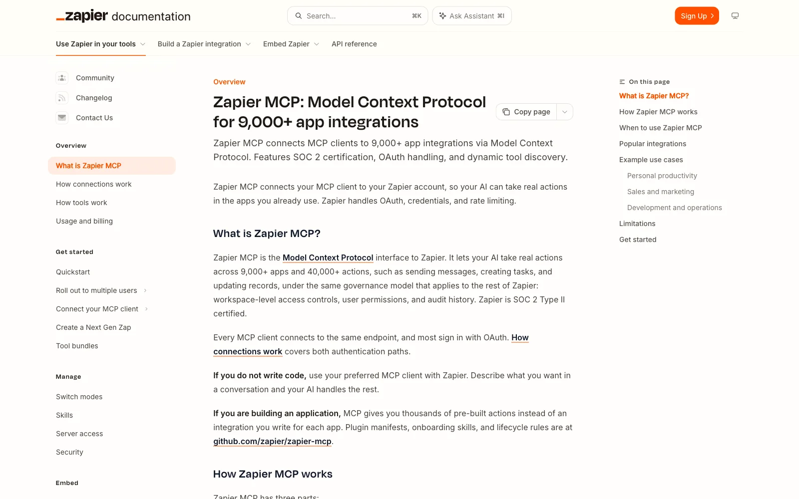 Zapier MCP server documentation page
