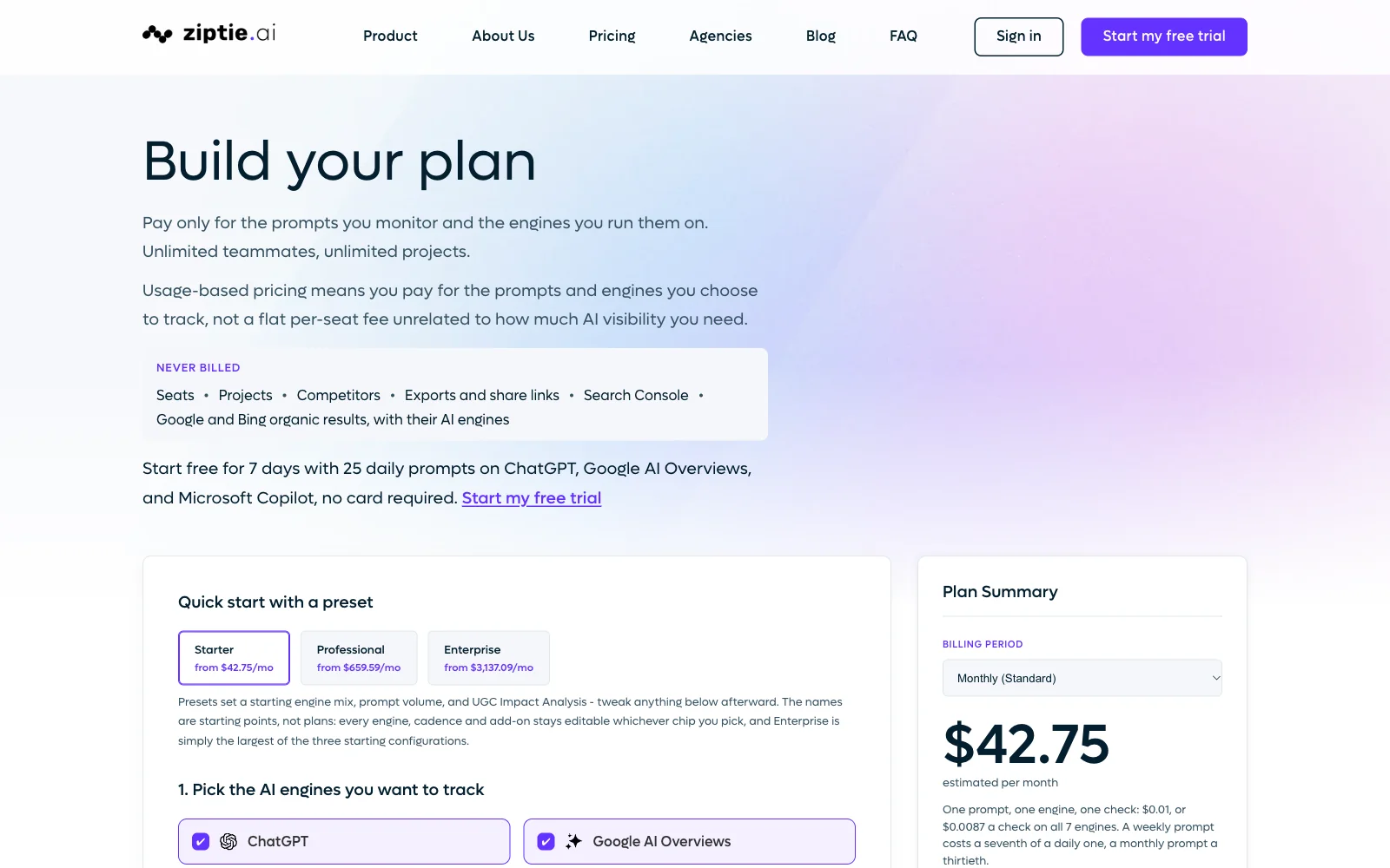 ZipTie pricing page showing the Starter preset and the per check unit price