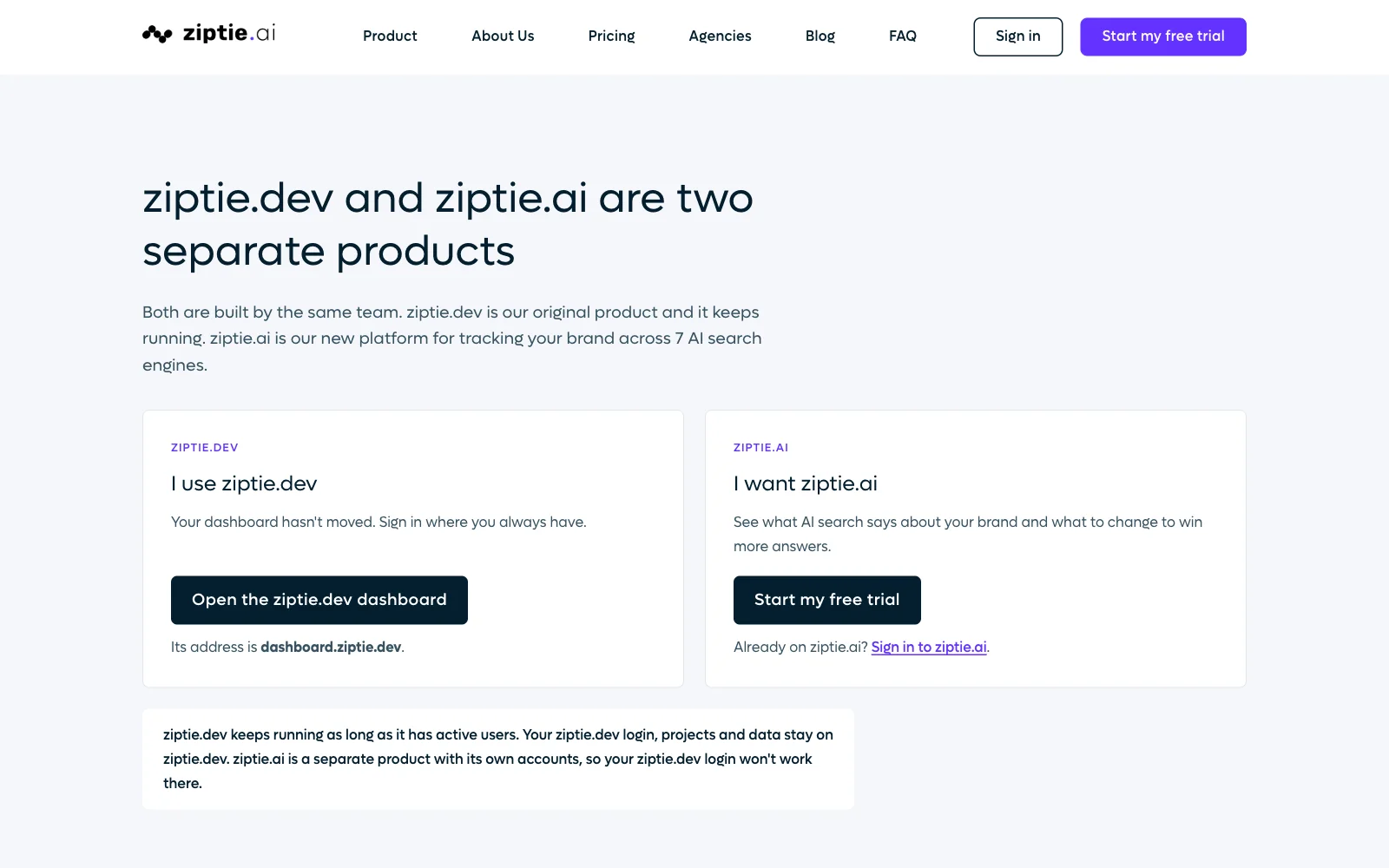 ZipTie product page describing tracking across AI search engines