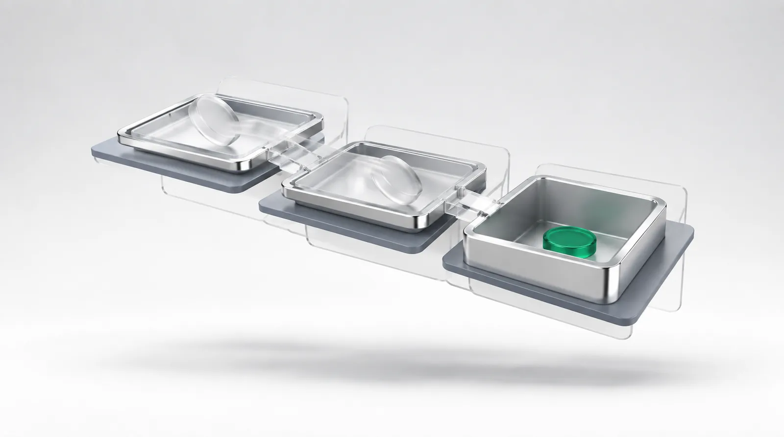 Trial to paid conversion shown as a token wobbling through two shallow trays, settling as one emerald disc flat in the deepest tray.