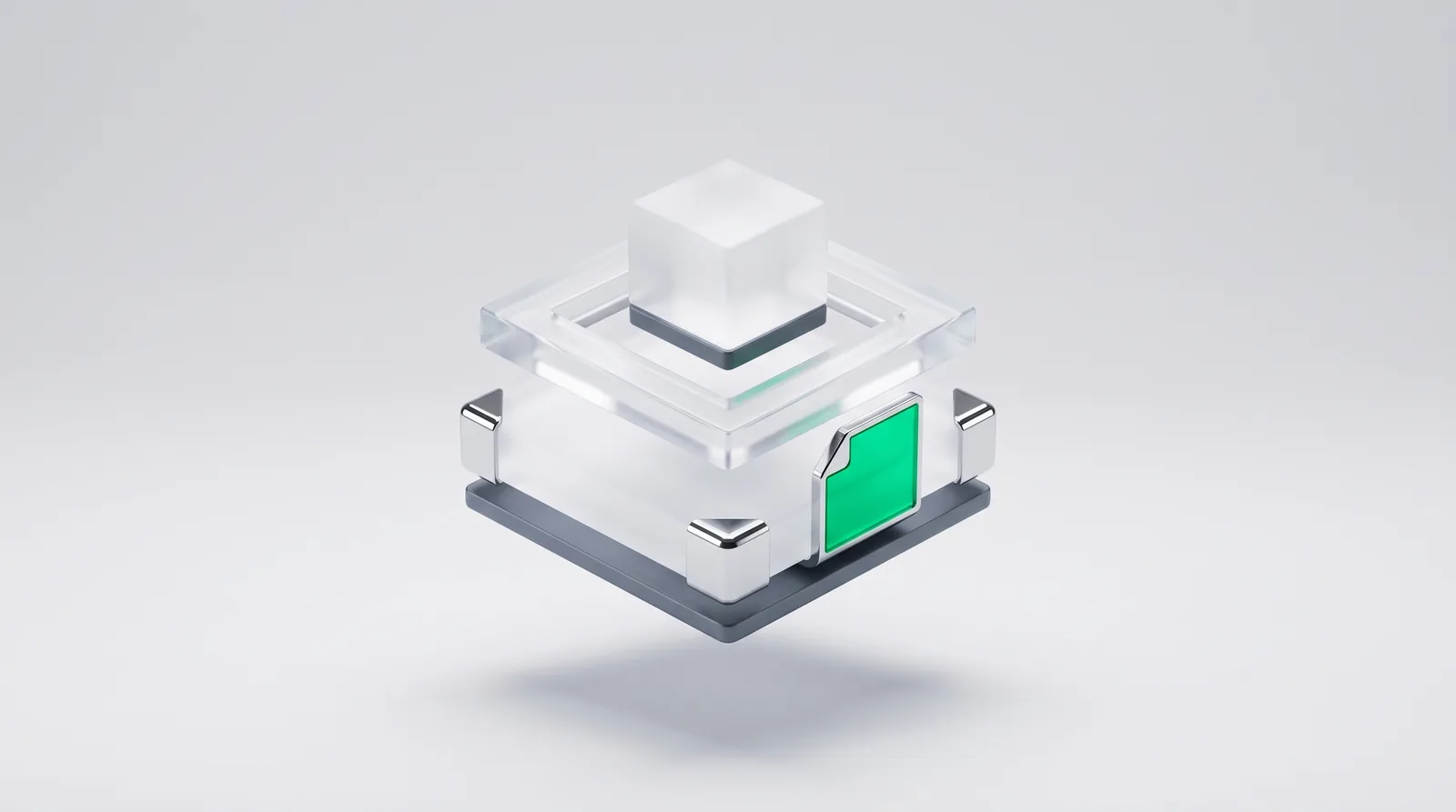 WordPress SEO layers: a glass stack of core slab, theme frame and plugin block, with a green page-title tag set into the core layer
