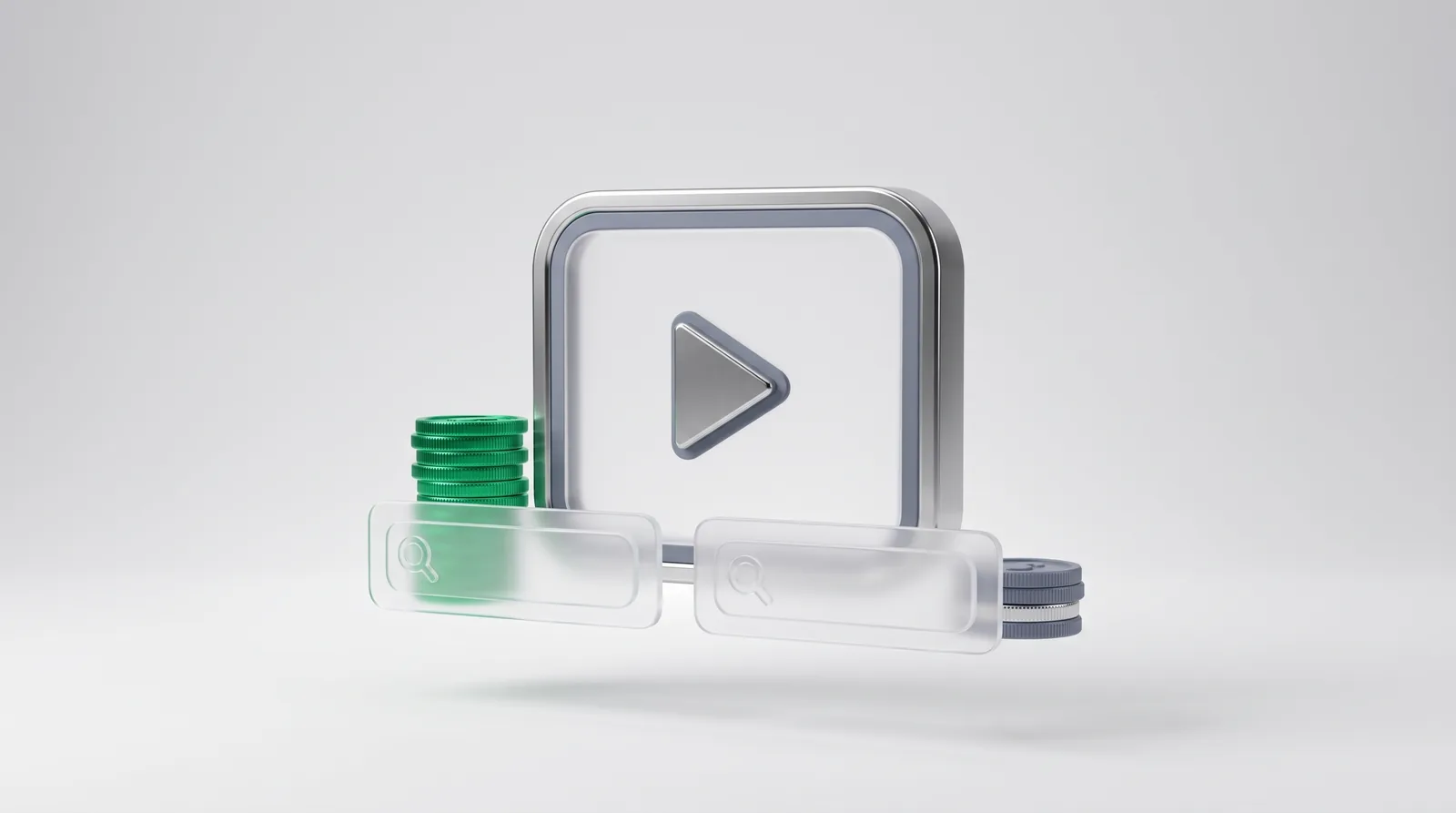 YouTube SEO watch time per query: a video player frame with two search chips, one backed by a tall stack of coins