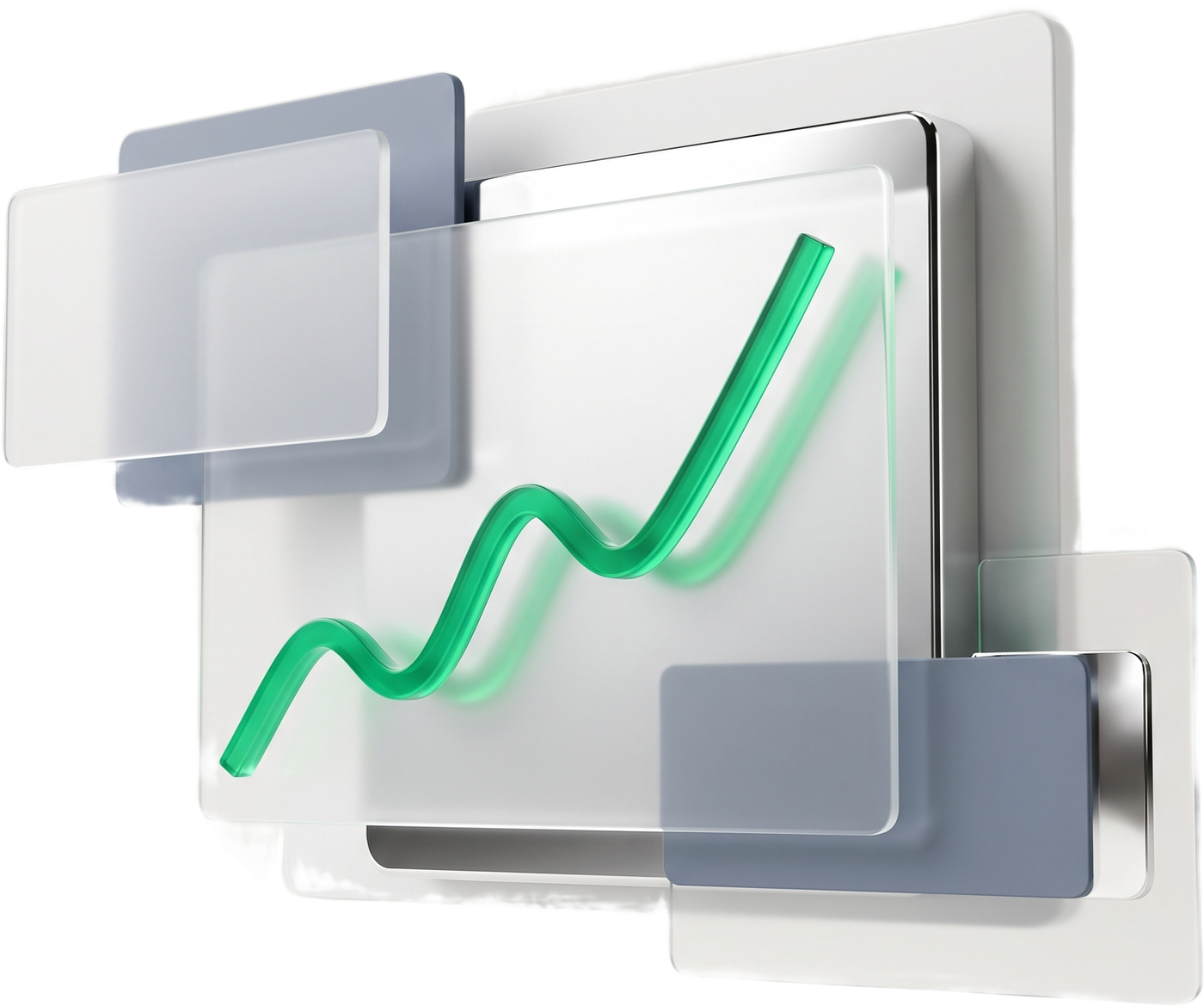 Frosted-glass analytics dashboard with a rising emerald growth chart