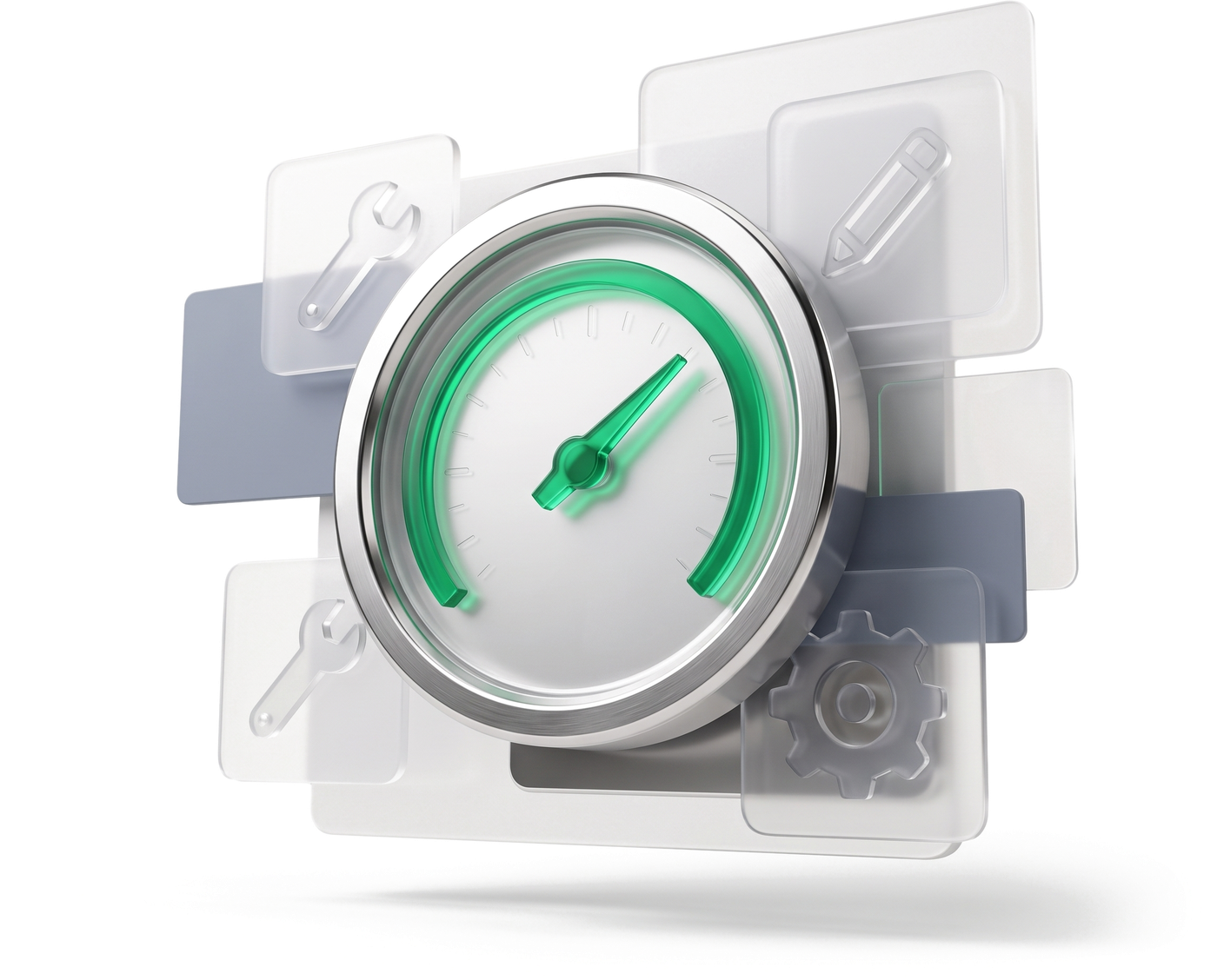 Frosted-glass toolkit with a chrome gauge and an emerald accent