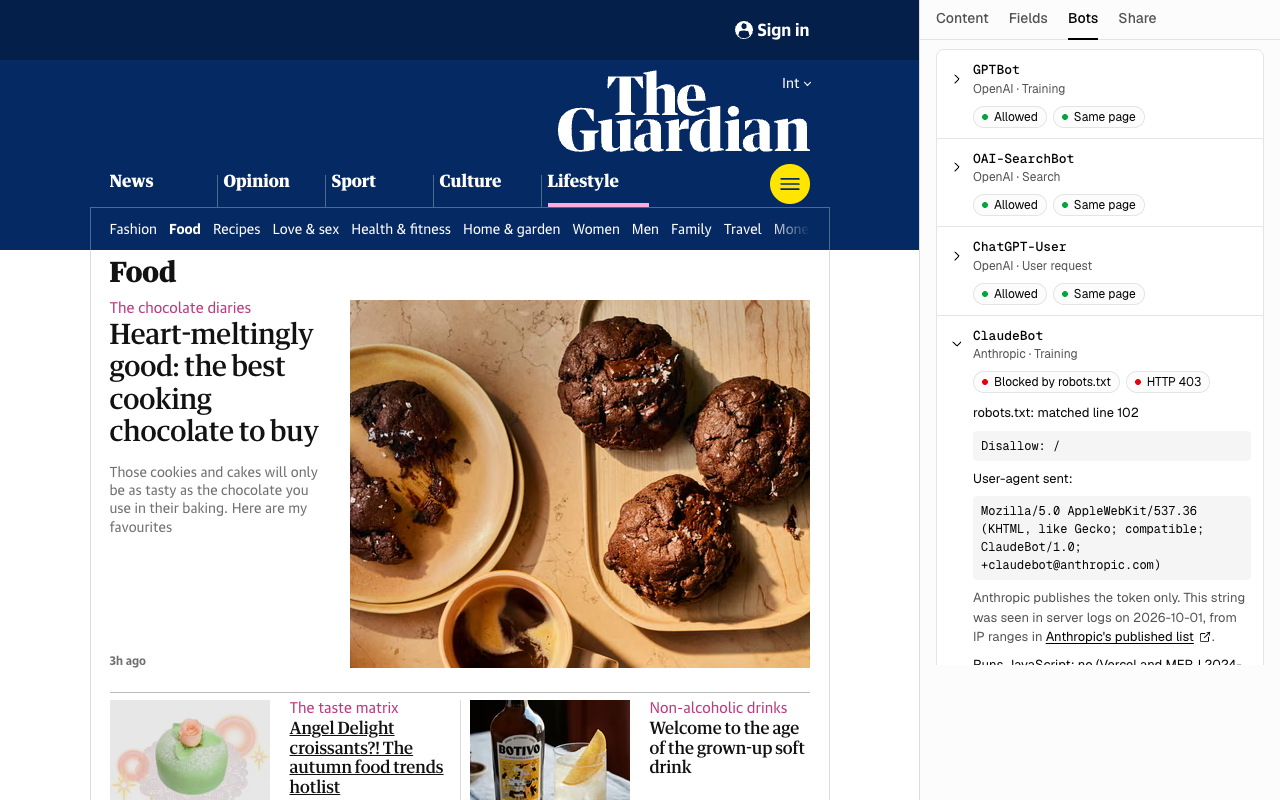 The Bots tab on The Guardian's Food page: ClaudeBot is blocked by robots.txt line 102 and the site answers it with HTTP 403.