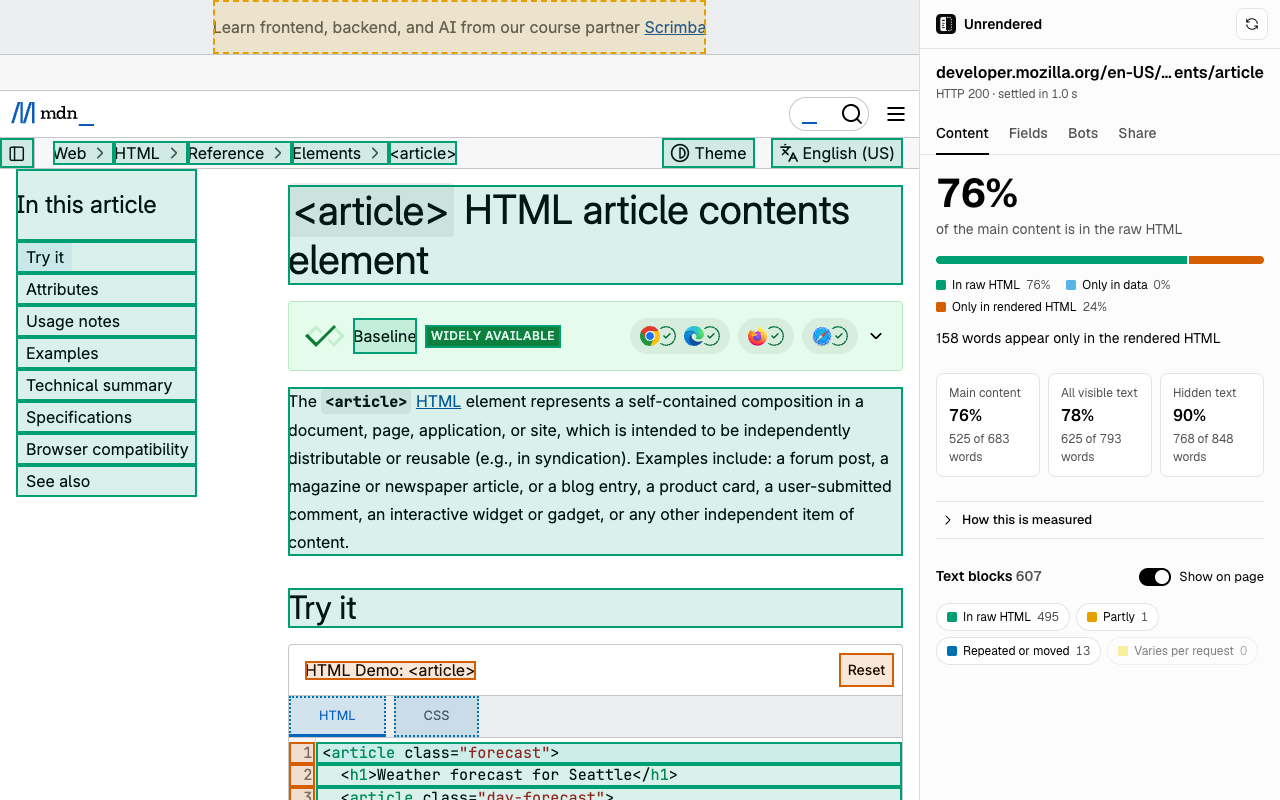 Unrendered side panel open next to an MDN article page: 76% of the main content is in the raw HTML, and the text blocks are outlined on the page by state.
