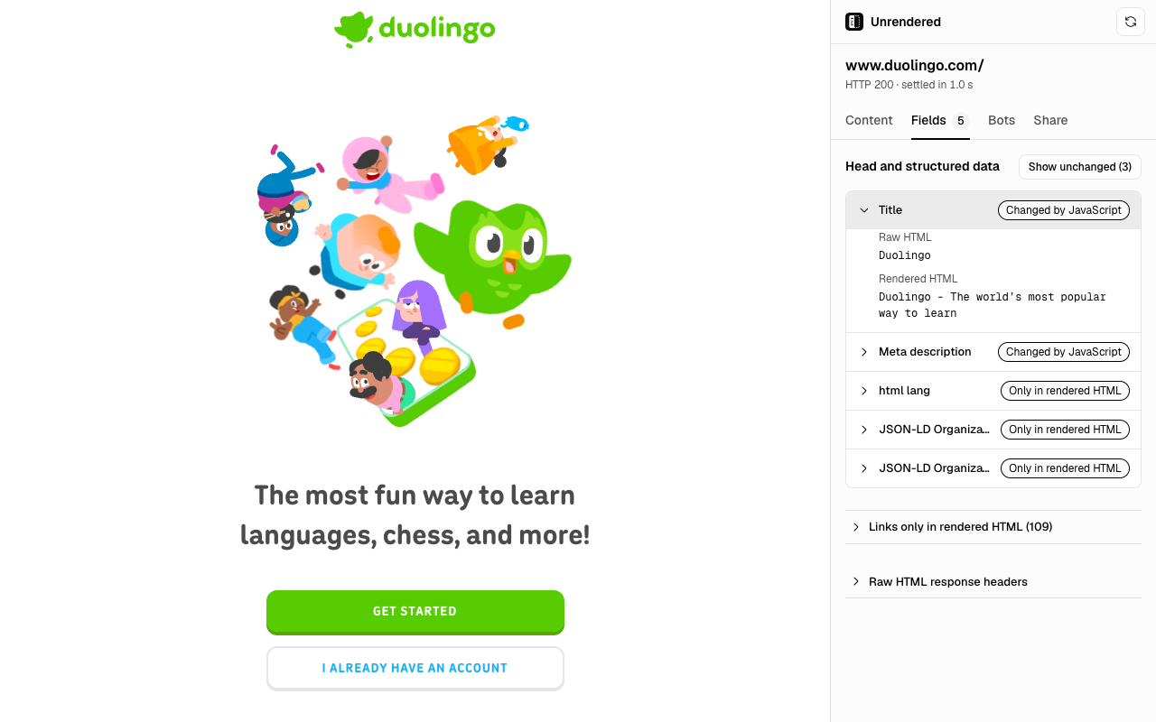The Fields tab on the Duolingo homepage: the title is Duolingo in the raw HTML and longer after JavaScript runs, with both values side by side.